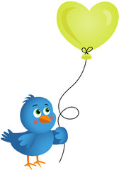 Blue bird holding heart balloon