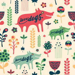 Colorful floral seamless pattern with love dogs.