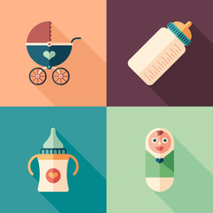 Set of colorful baby flat square icons with long shadows.