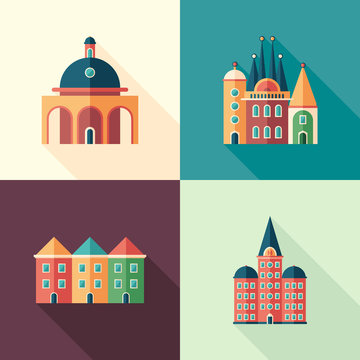 Set of colorful buildings flat square icons with long shadows.