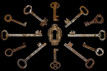 Set of old keys, isolated on black background