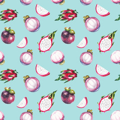 watercolor dragon fruit and mangosteen pattern