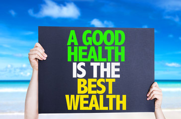 A Good Health is the Best Wealth card with beach background