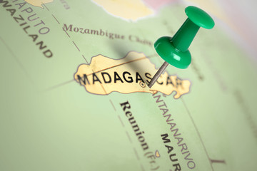 Location Madagascar. Green pin on the map.