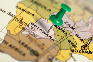 Location Botswana. Green pin on the map.