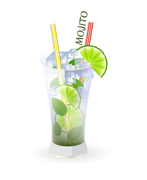 Glass of mojito and drinking strew on a white background