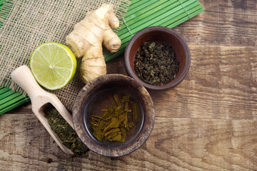 A cup of tea with lemon and ginger