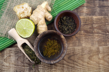 A cup of tea with lemon and ginger