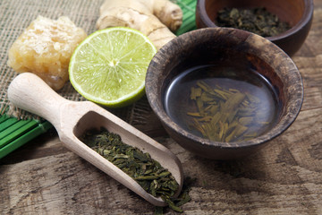 A cup of tea with lemon and ginger
