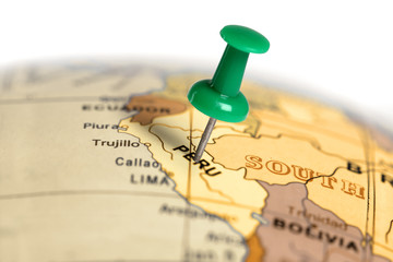 Location Peru. Green pin on the map. - obrazy, fototapety, plakaty