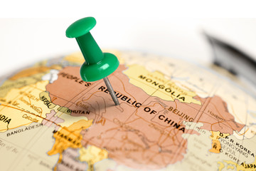 Localisation Chine. Broche verte sur la carte.