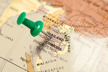 Obraz premium Location Thailand. Green pin on the map.