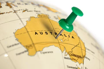 Fotobehang Australië Locatie Australië. Groene pin op de kaart.
