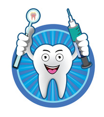 Cartoon Smiling tooth with mouth mirror and syringe icon