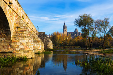 Old bridge over Tormes River in Salamanca