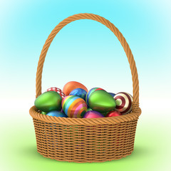 Wicker Basket with Colorful Easter Eggs 3D