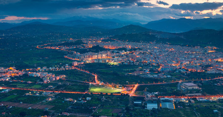 Night view from the bird's eye of the town Bagheria