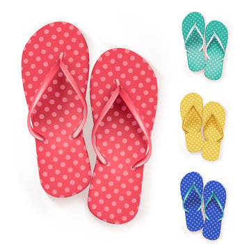 Set of Realistic Colorful Flip Flops Slippers.