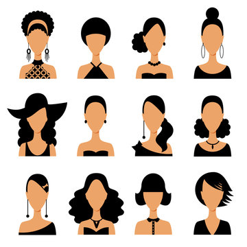 Set of women hair avatar icons in modern line design. Vector illustration of various women character.