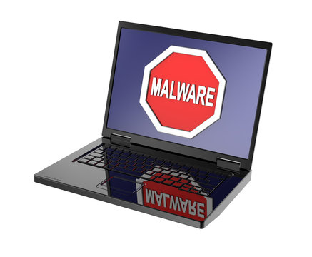 Malware warning sign on laptop screen. 