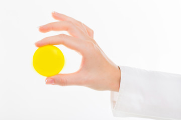 business female hand pretending holding smile face toy, isolated