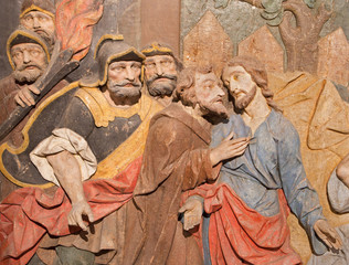 Banska Stiavnica - detail of carved relief of Betrayal of Judas
