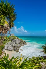 Crédence de cuisine en verre imprimé Mexique Vue des Caraïbes sur les ruines et la plage mayas de Tulum, paradis parfait,