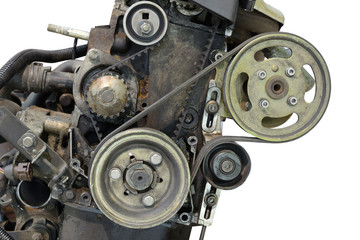 automotive engine closeup isolated on a white background