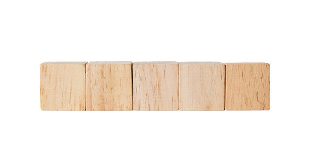 Five wooden cubes isolated on white background