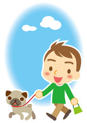 お散歩　ワンちゃんと男性