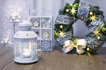 Lantern, candles and Christmas decorations
