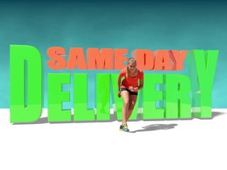 same day delivery text and running woman in sport wear