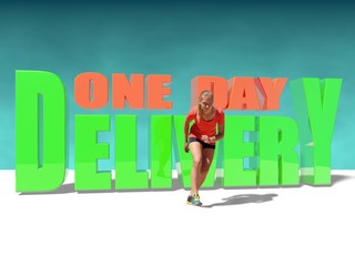 one day delivery text and running woman in sport wear