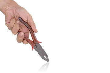 Working tools Old locking plier in hand male isolated on a white