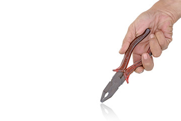 Working tools Old locking plier in hand male isolated on a white