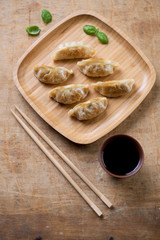 Gyoza dumplings with dipping sauce, high angle view, studio shot