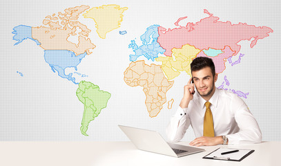 Business man with colorful world map background