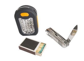 flashlight, knife and matches
