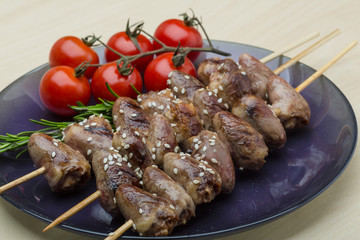 Grilled chicken hearts barbecue