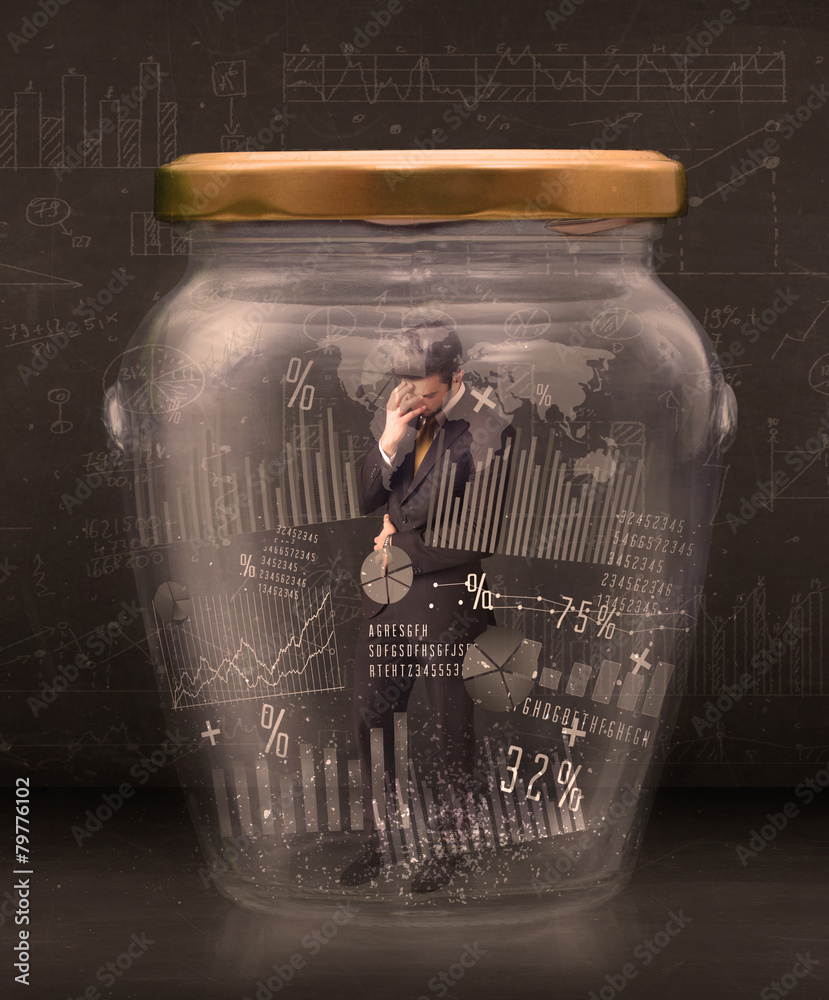 Canvas Prints Businessman traped in jar with graph chart symbols concept