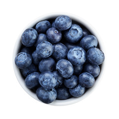 fresh ripe blueberries in white bowl directly above
