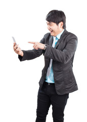 portrait of young asian business man pointing hand to smart phon