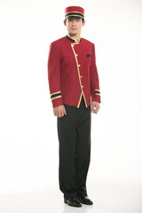 Wearing Chinese clothing waiter in front of a white background