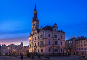 Ladek Zdroj, old town market with city hall by night