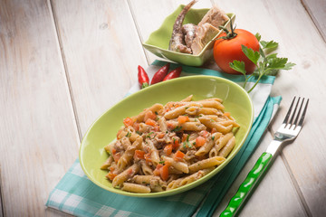 pasta with tuna anchovies tomato and hot chili pepper