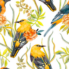 Seamless pattern of birds and plants.