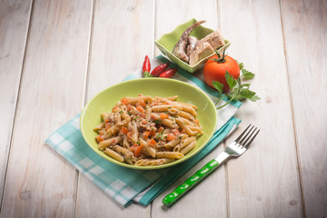pasta with tuna anchovies tomato and hot chili pepper