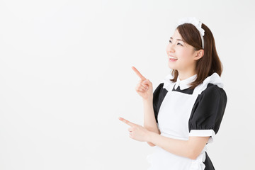 young asian waitress on white background