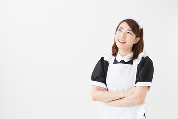 young asian waitress on white background