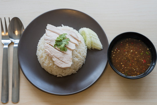 Khao mun kai , Thai food steamed chicken with rice.